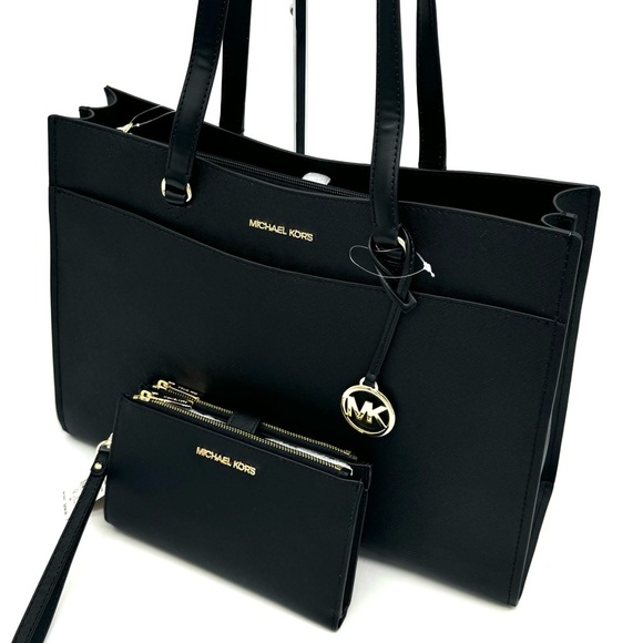 Michael Kors Large MF Pocket Shoulder Tote Bag & Double Zip Wallet Black/Gold - Picture 13 of 16